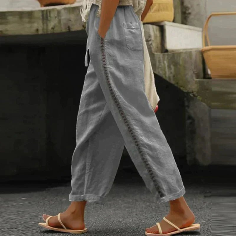 Mia High-Waist Button-Trim Linen Pants