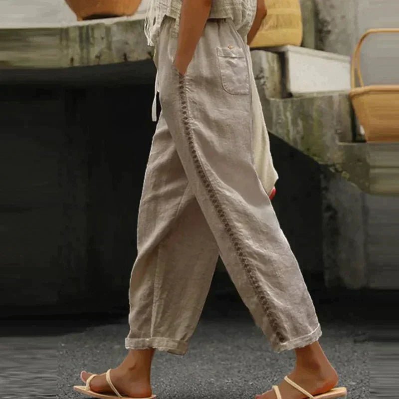 Mia High-Waist Button-Trim Linen Pants