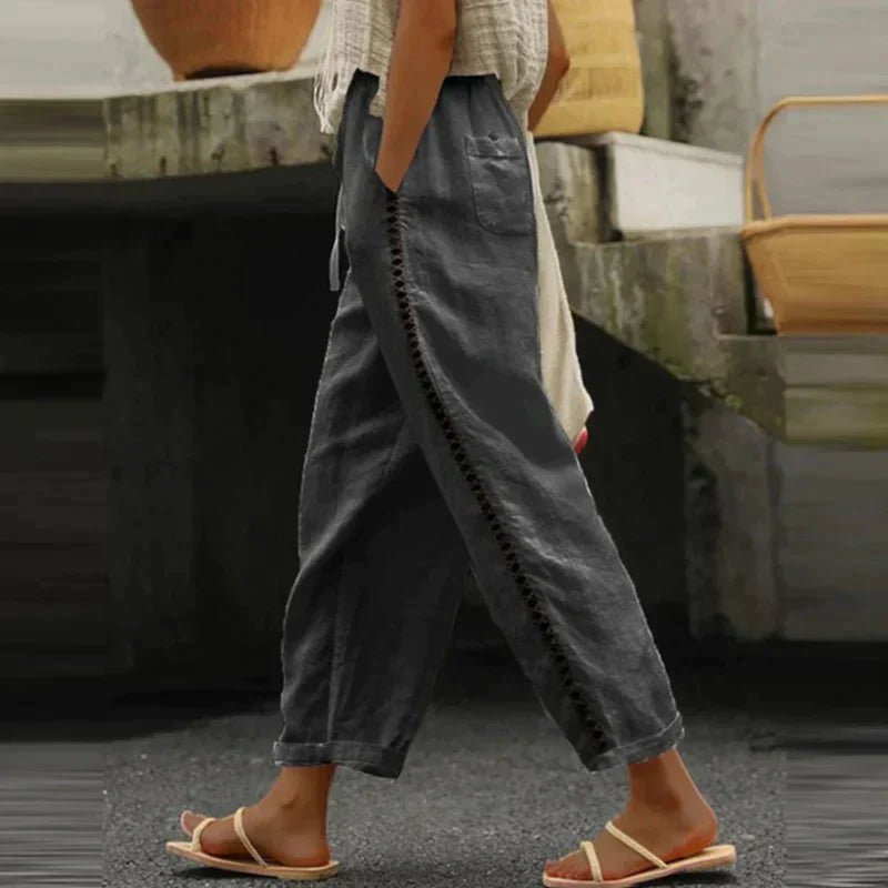 Mia High-Waist Button-Trim Linen Pants
