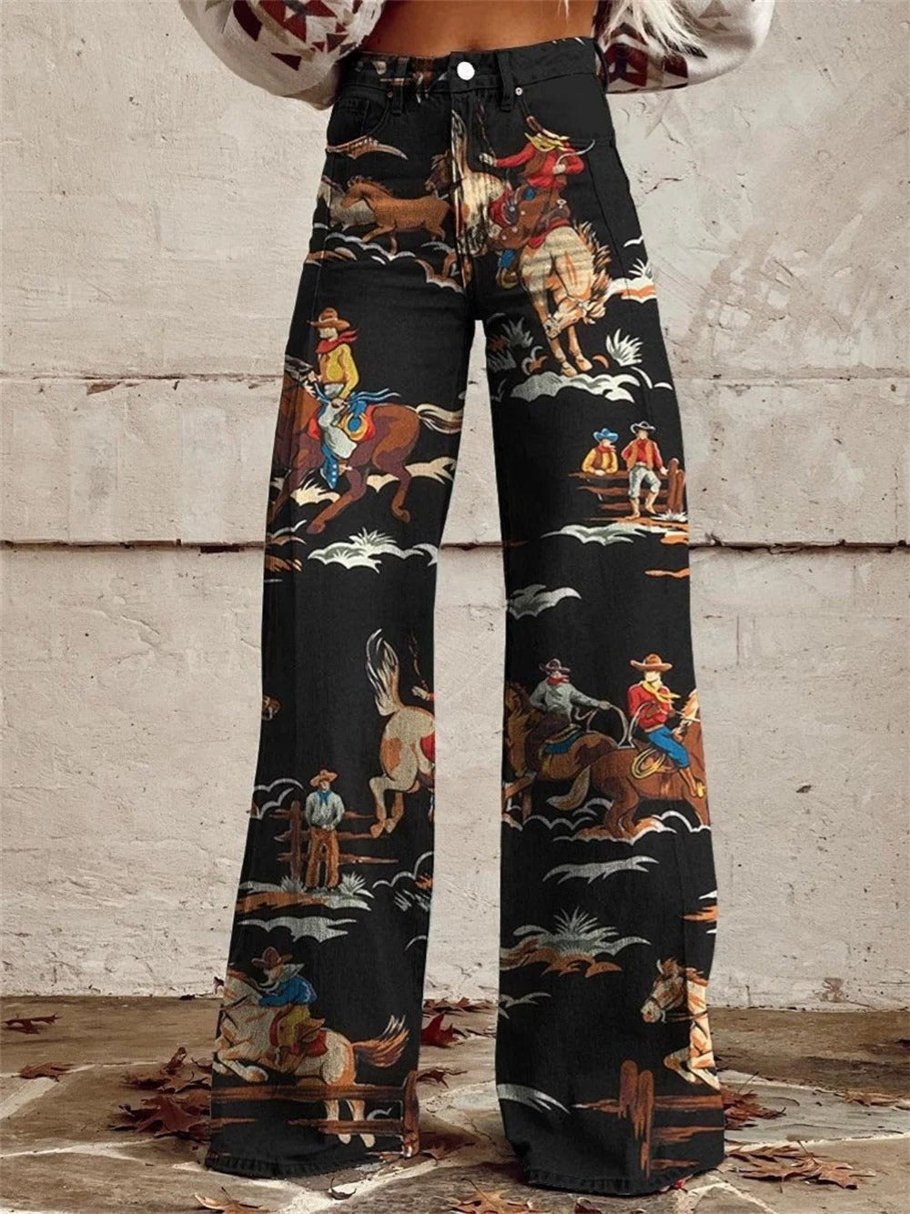 Marie High-Waist Western Print Wide-Leg Jeans