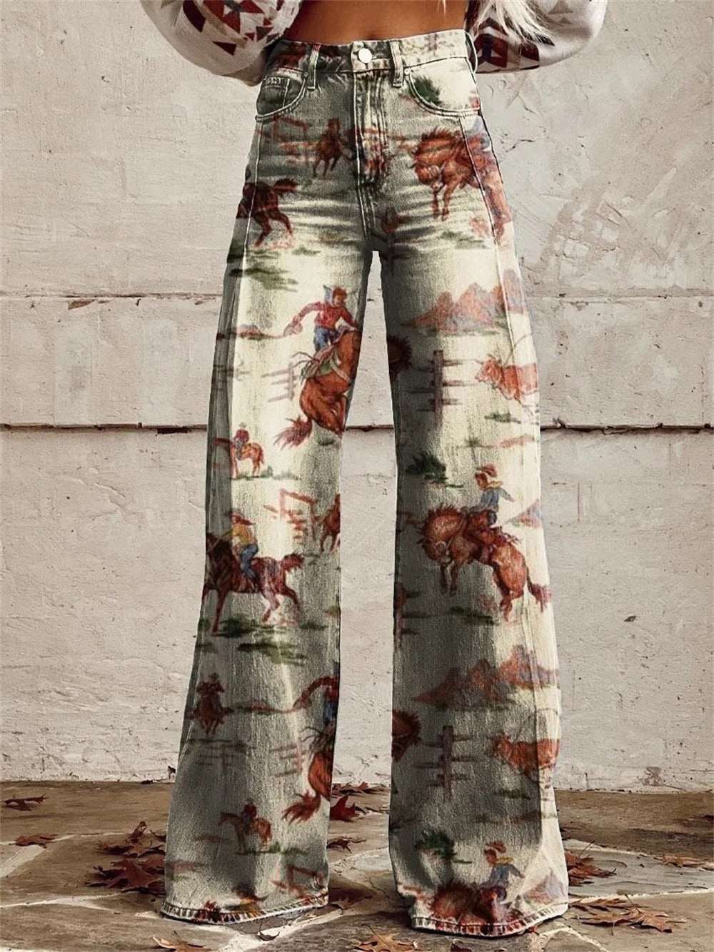 Marie High-Waist Western Print Wide-Leg Jeans