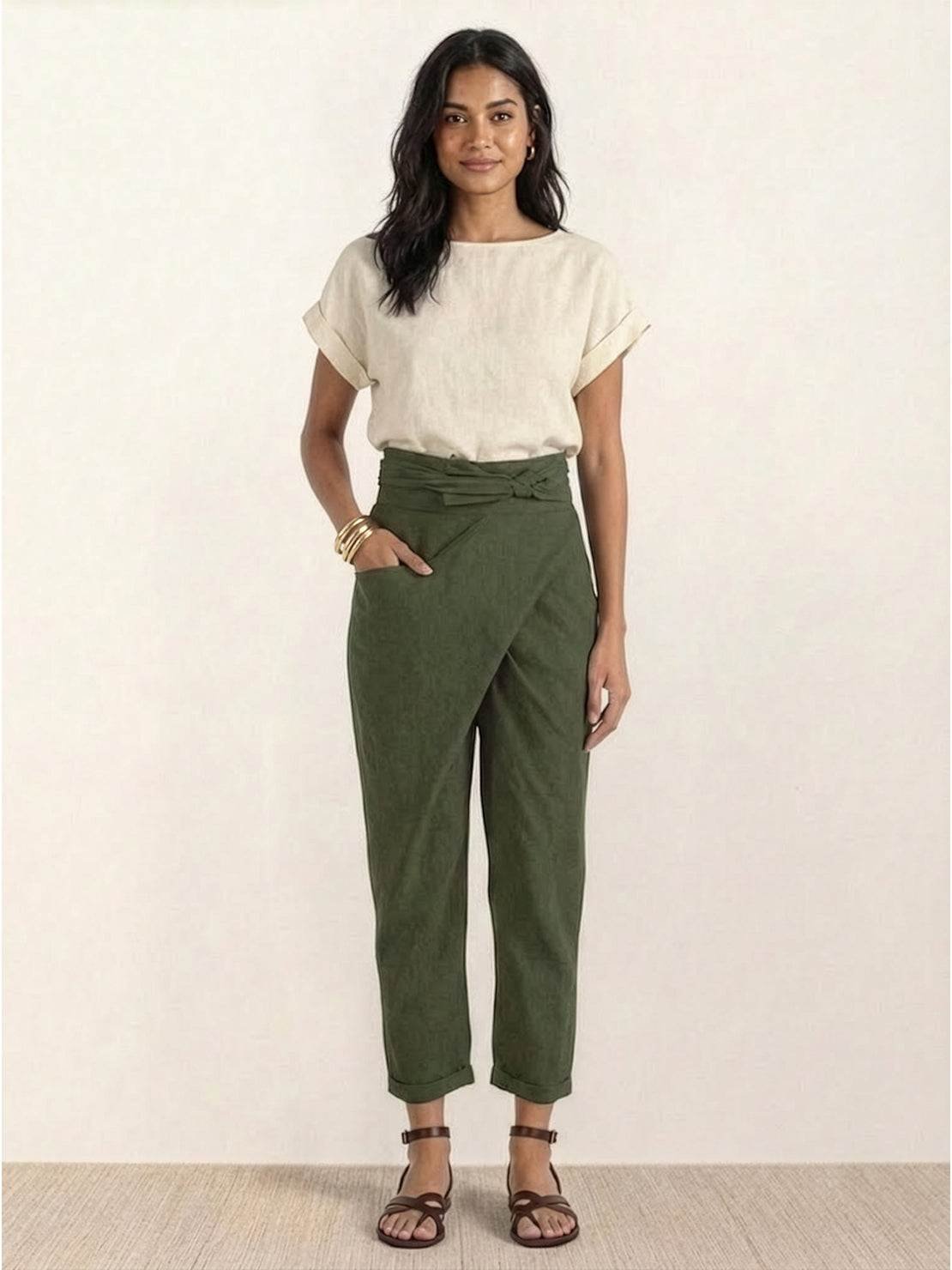 Nora High-Waist Wrap Pants with Cropped Tapered Leg