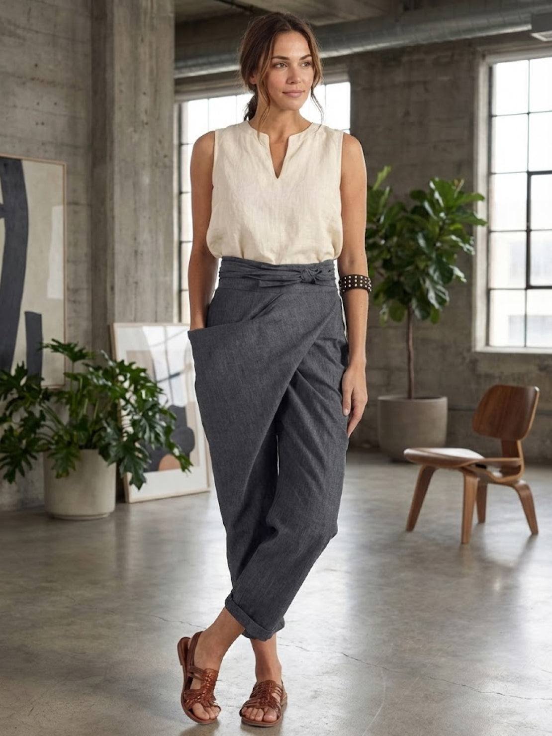 Nora High-Waist Wrap Pants with Cropped Tapered Leg
