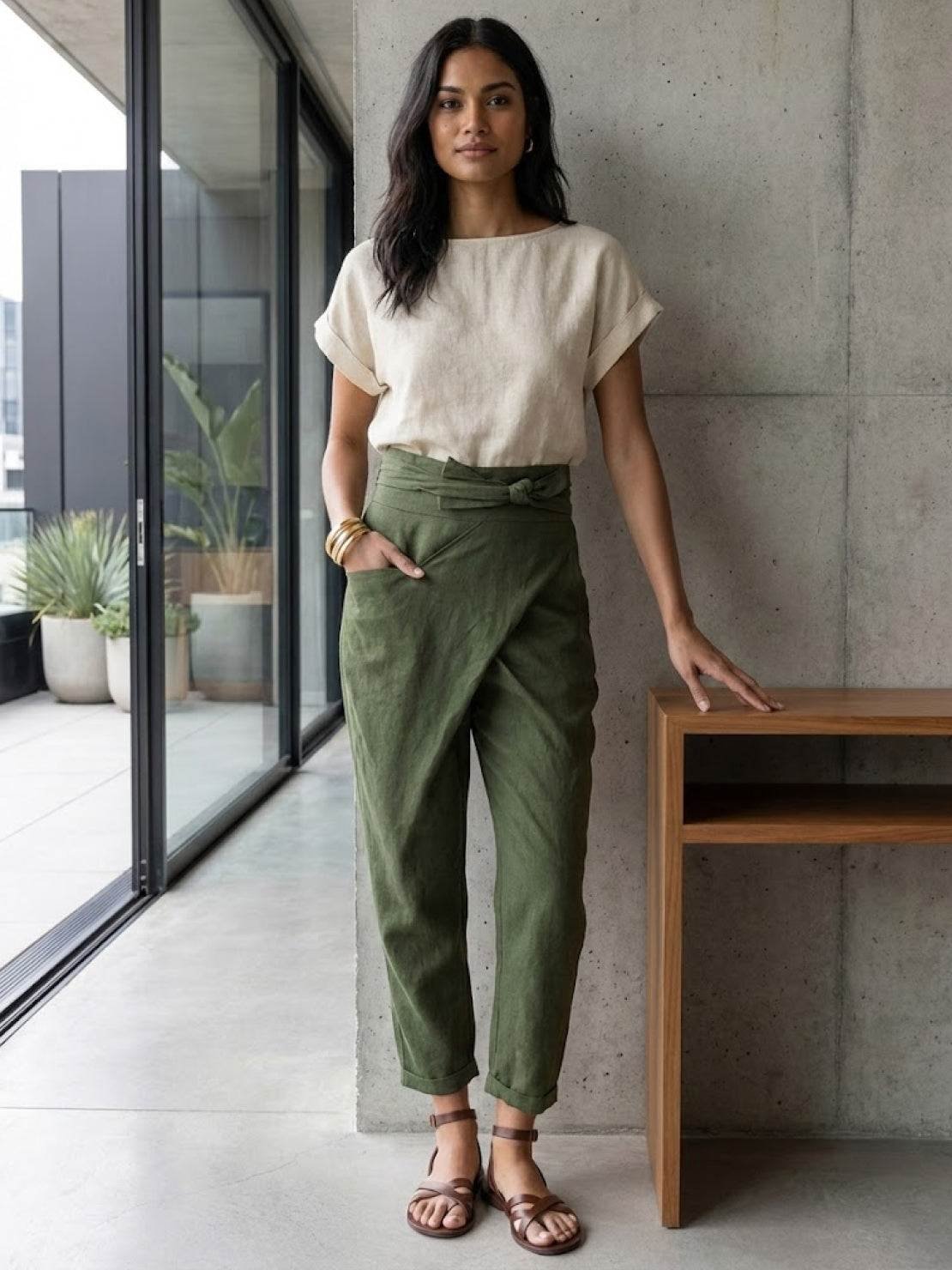 Nora High-Waist Wrap Pants with Cropped Tapered Leg