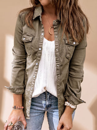 Annika Shirt Collar Denim Jacket with Chest Pockets
