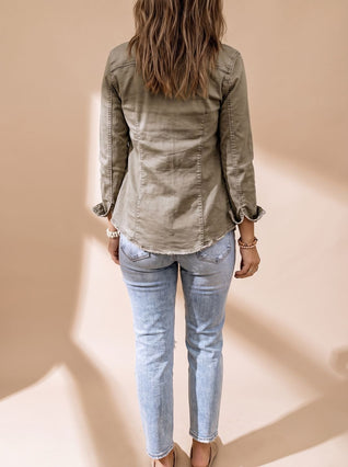 Annika Shirt Collar Denim Jacket with Chest Pockets