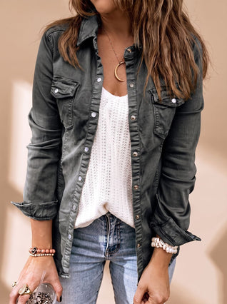 Annika Shirt Collar Denim Jacket with Chest Pockets