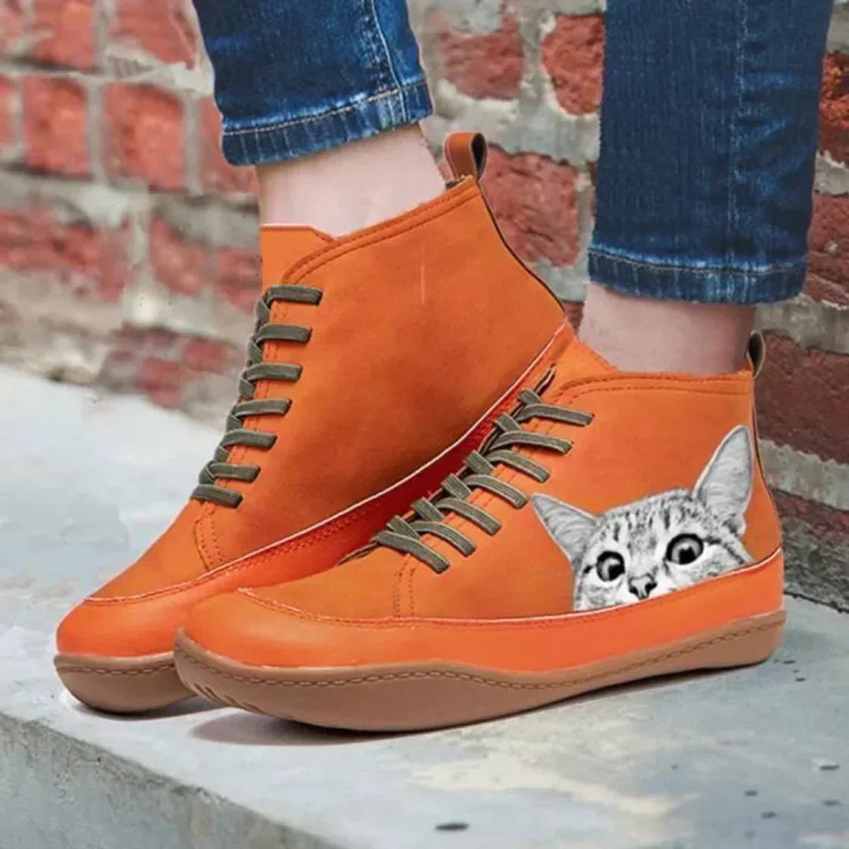 Nora Cat Print Lace-Up Leather Ankle Boots