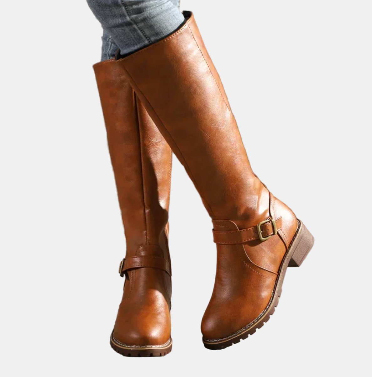 Nora Buckled Knee-High Faux Leather Boots