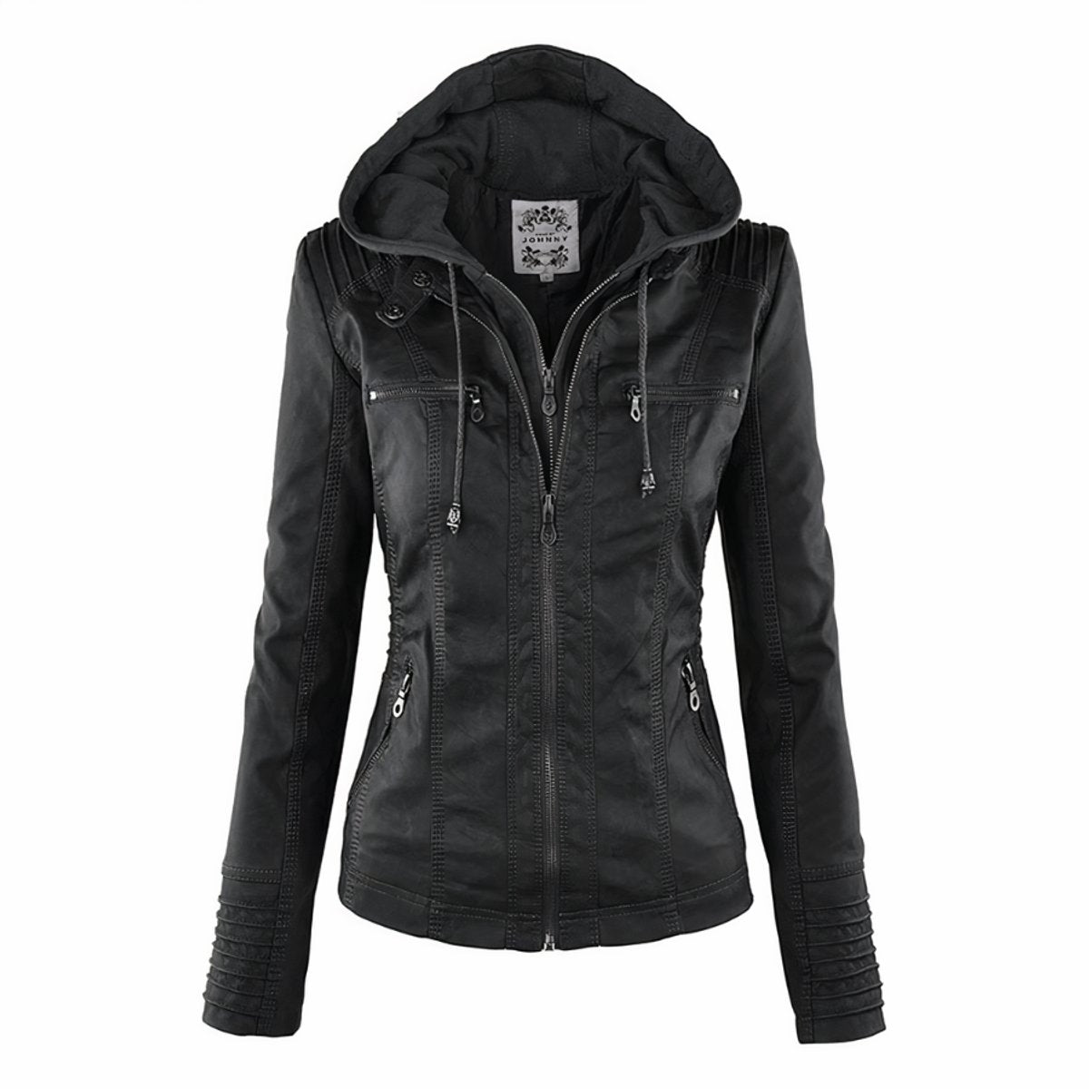 Katharina Faux Leather Biker Jacket with Detachable Hood