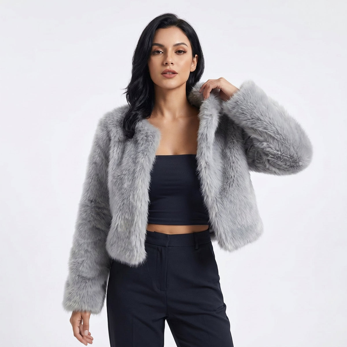 Lena Faux Fur Cropped Cardigan Jacket