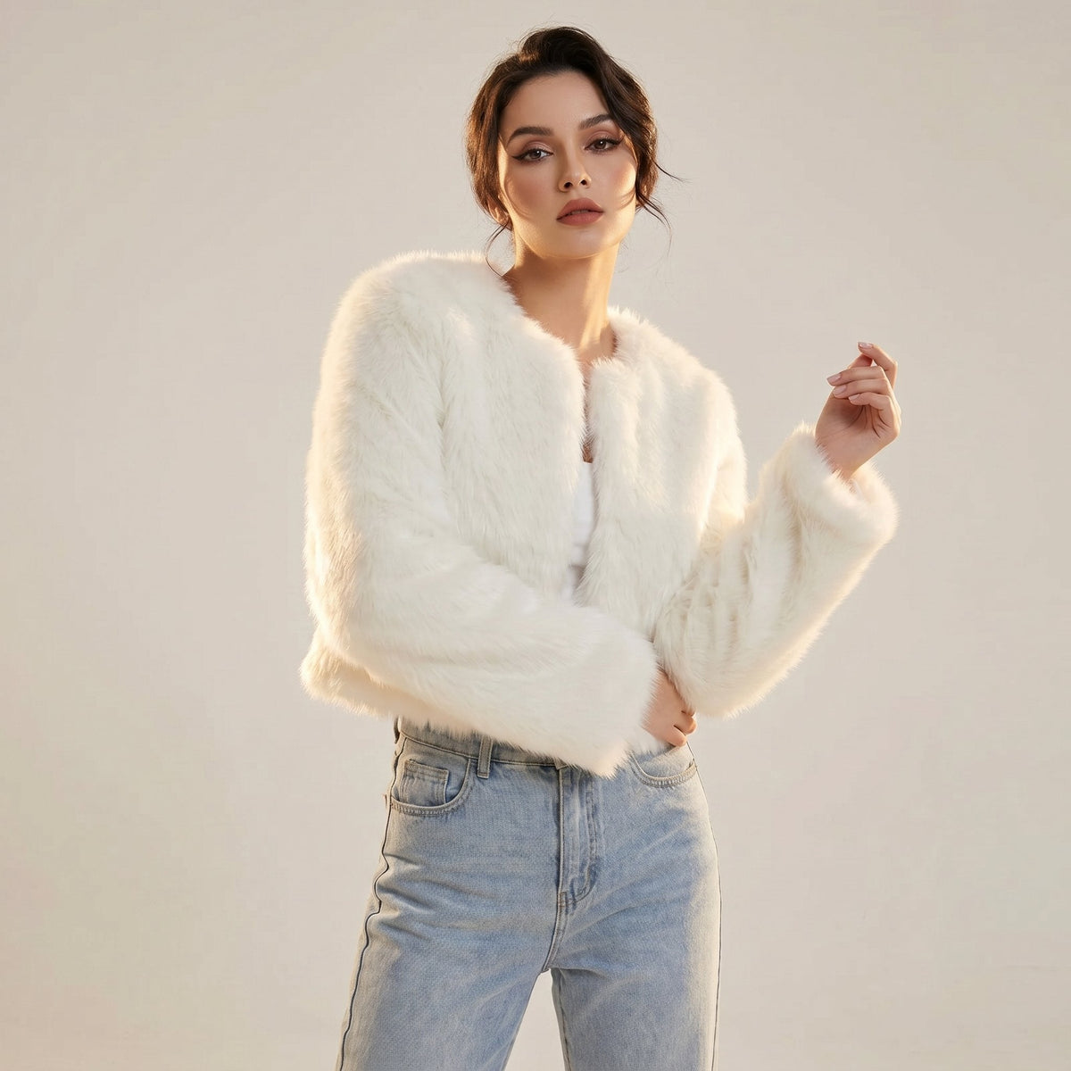 Lena Faux Fur Cropped Cardigan Jacket