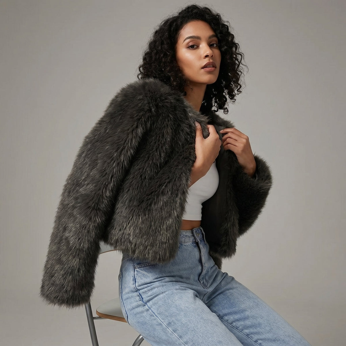 Lena Faux Fur Cropped Cardigan Jacket