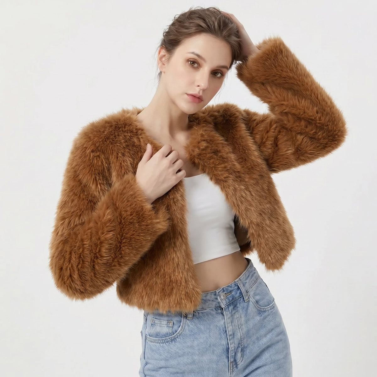 Lena Faux Fur Cropped Cardigan Jacket