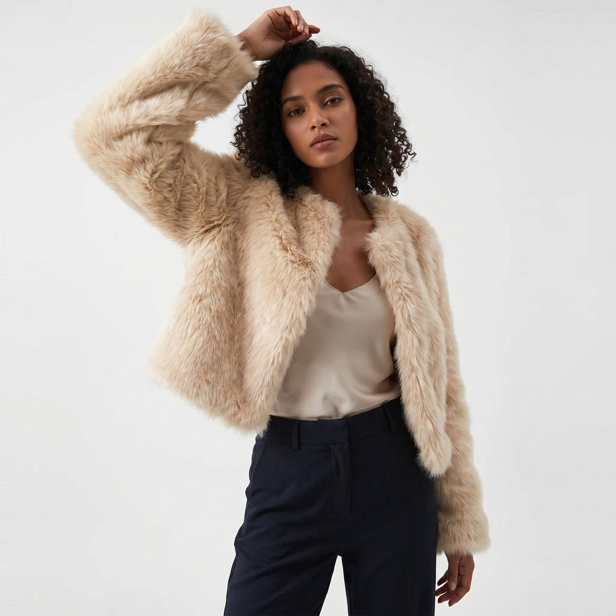 Lena Faux Fur Cropped Cardigan Jacket