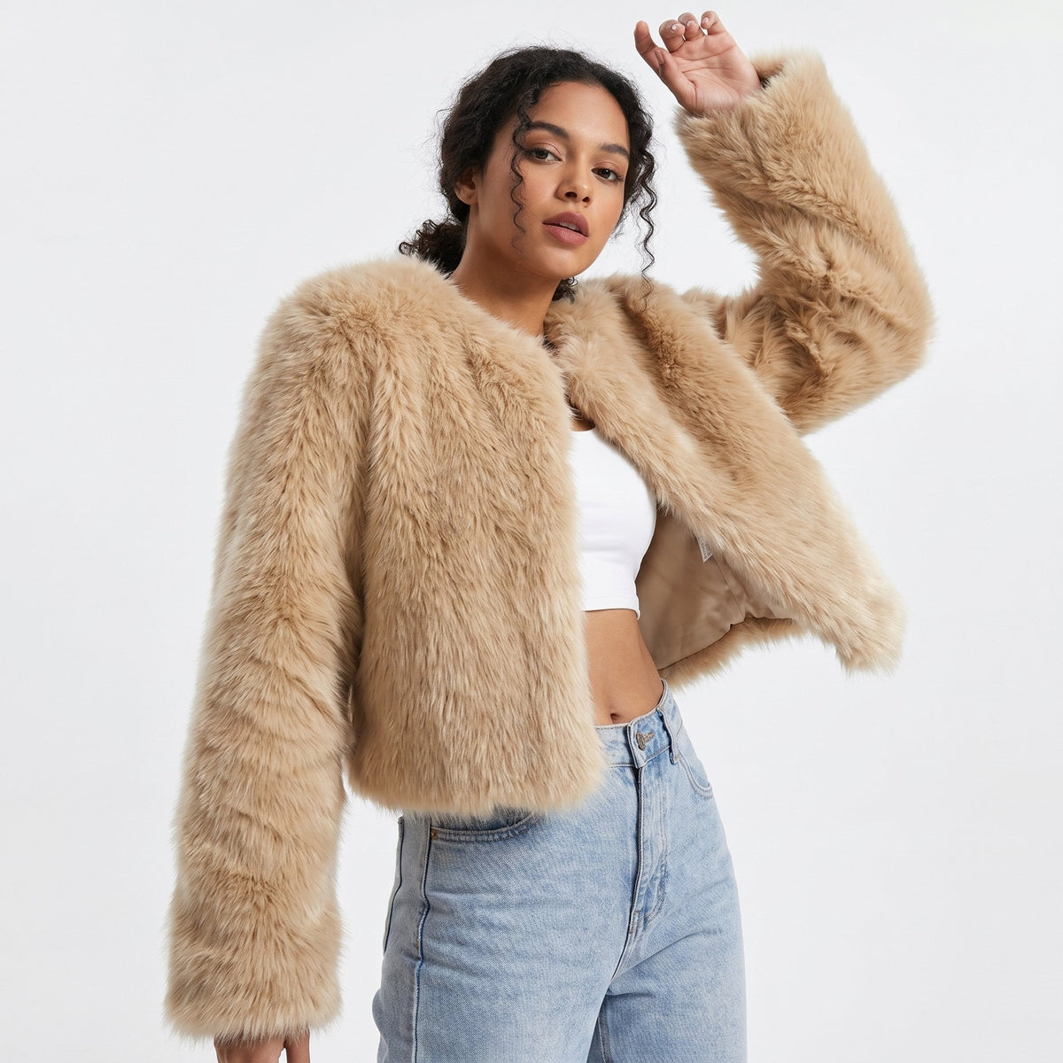 Lena Faux Fur Cropped Cardigan Jacket
