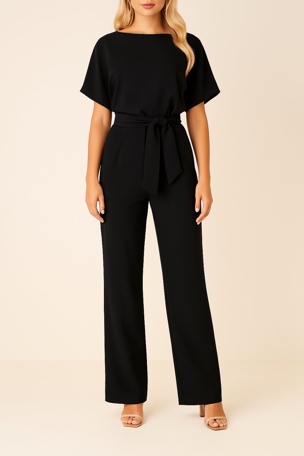 Greta Short-Sleeve Wide-Leg Tie-Waist Jumpsuit