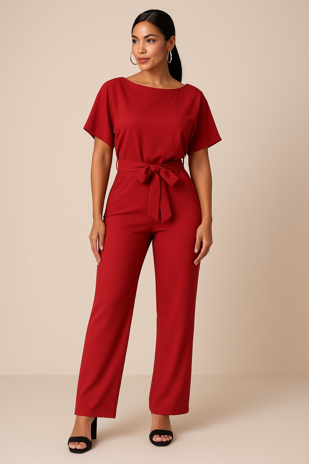 Greta Short-Sleeve Wide-Leg Tie-Waist Jumpsuit