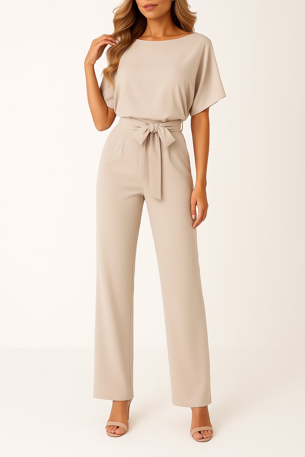 Greta Short-Sleeve Wide-Leg Tie-Waist Jumpsuit