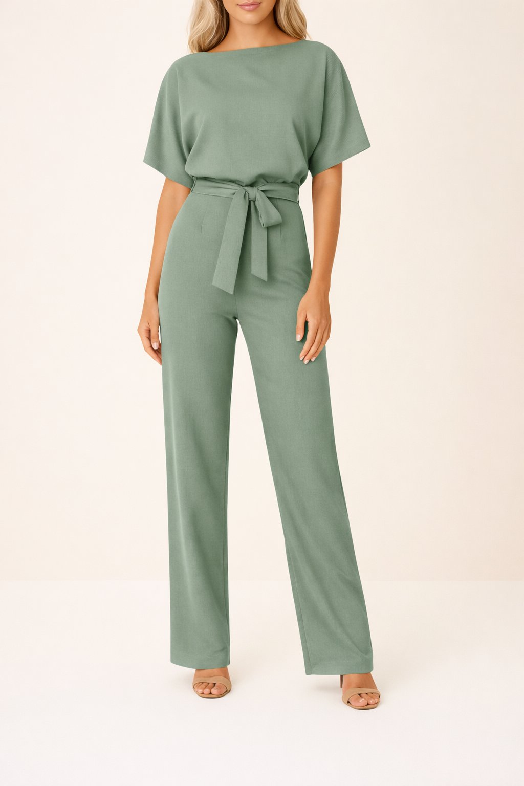 Greta Short-Sleeve Wide-Leg Tie-Waist Jumpsuit