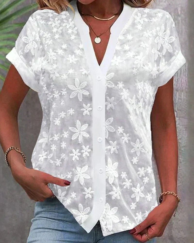 Amelie Short-Sleeve Floral Embroidered Button Blouse