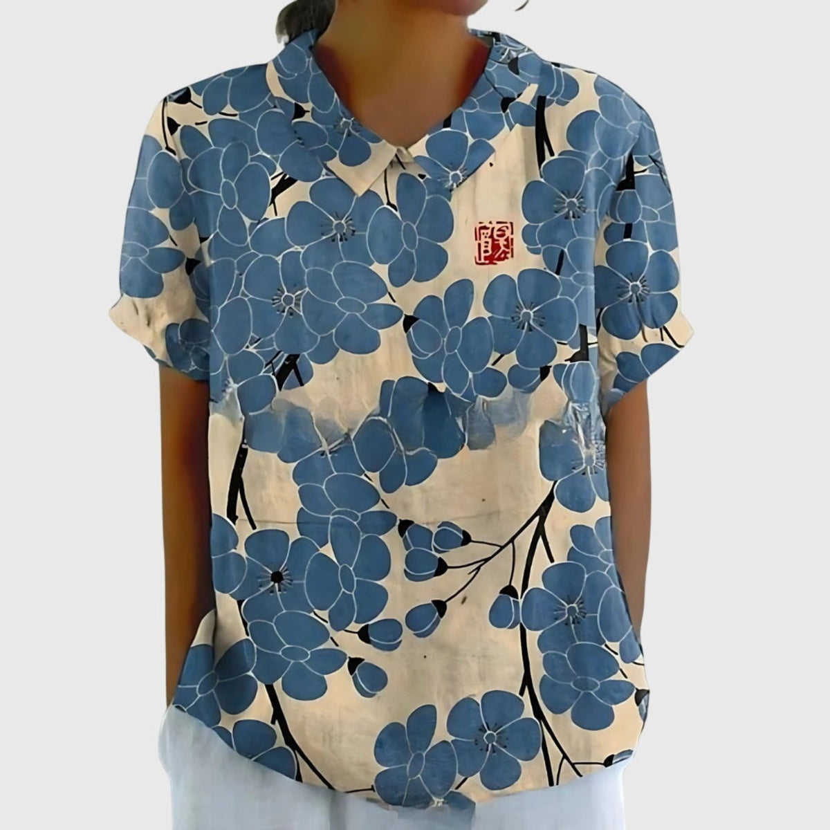 Katharina Floral Linen Blouse with Peter Pan Collar