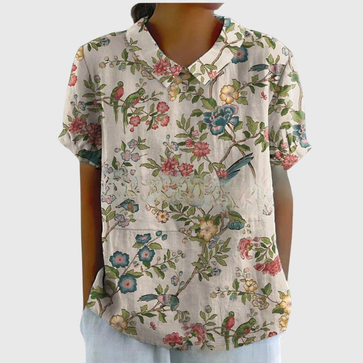 Katharina Floral Linen Blouse with Peter Pan Collar