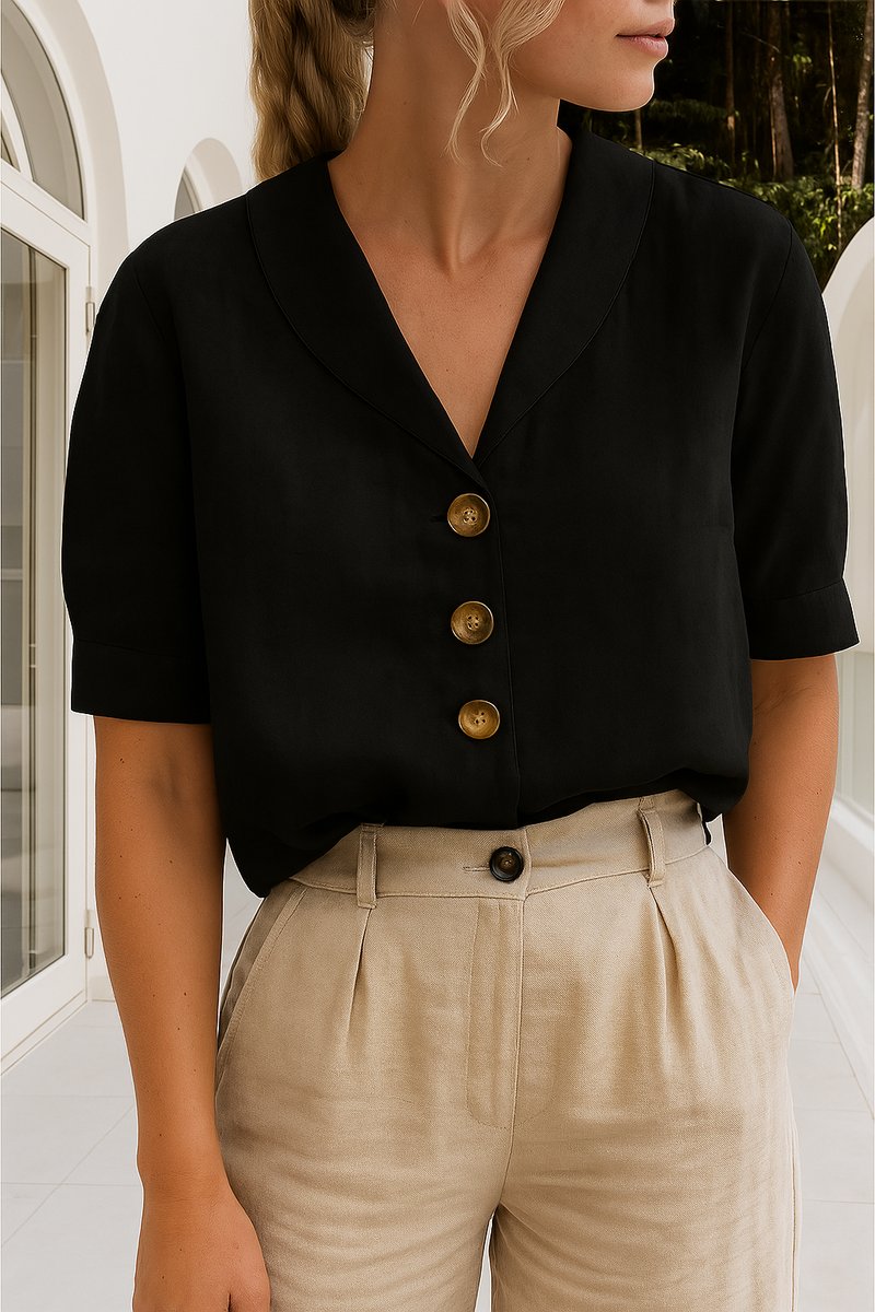 Marlene Button-Up Blouse with Notch Collar