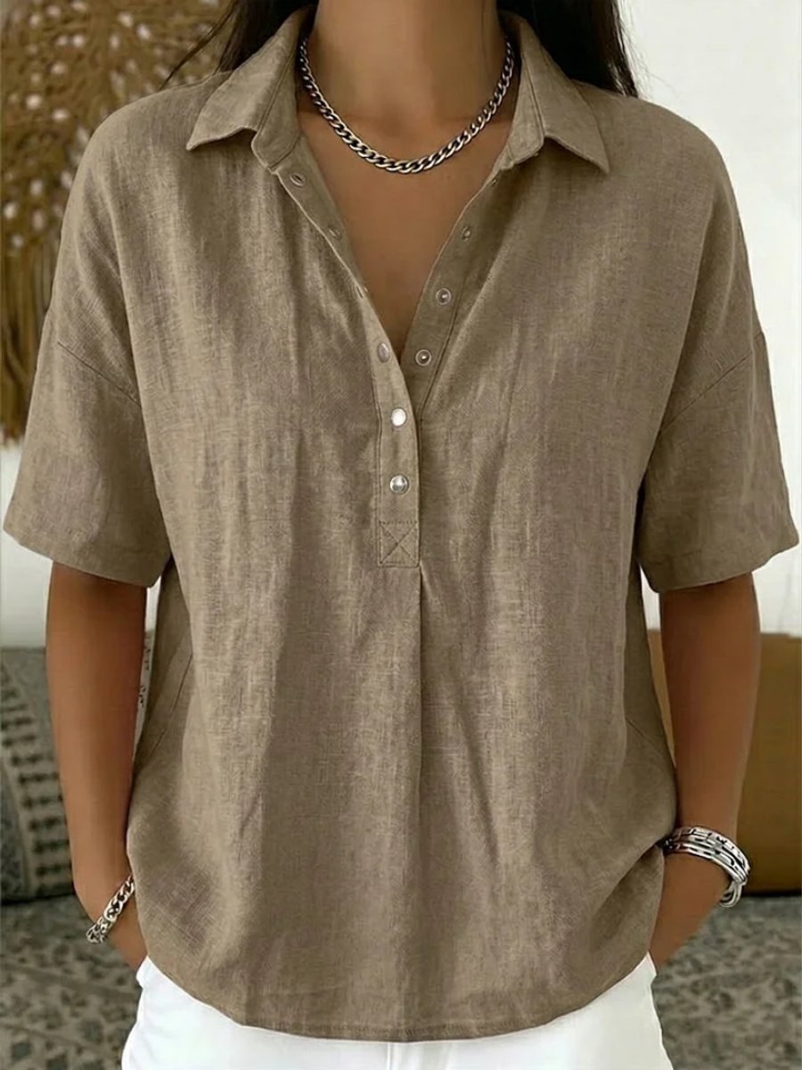 Johanna Short-Sleeve Collared Linen-Look Blouse