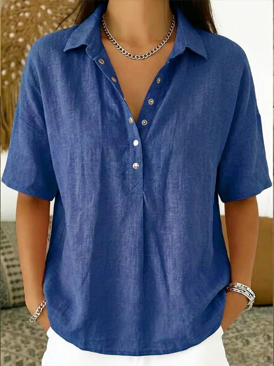 Johanna Short-Sleeve Collared Linen-Look Blouse