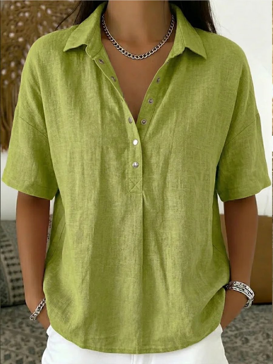 Johanna Short-Sleeve Collared Linen-Look Blouse