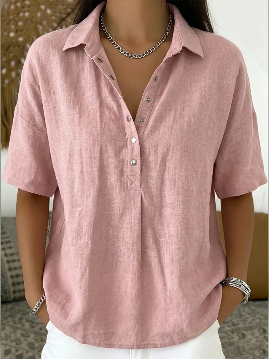 Johanna Short-Sleeve Collared Linen-Look Blouse