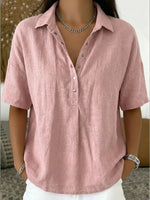Johanna Short-Sleeve Collared Linen-Look Blouse