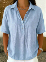 Johanna Short-Sleeve Collared Linen-Look Blouse