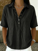Johanna Short-Sleeve Collared Linen-Look Blouse