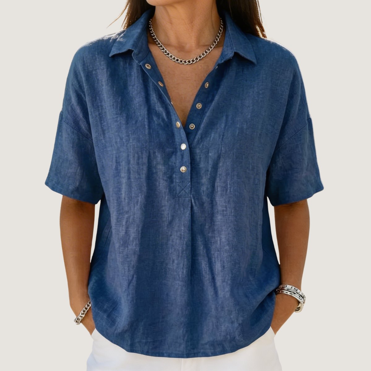 Johanna Short-Sleeve Collared Linen-Look Blouse