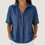 Johanna Short-Sleeve Collared Linen-Look Blouse