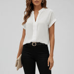 Charlotte V-Neck Relaxed Fit Blouse with Cuffed Sleeves