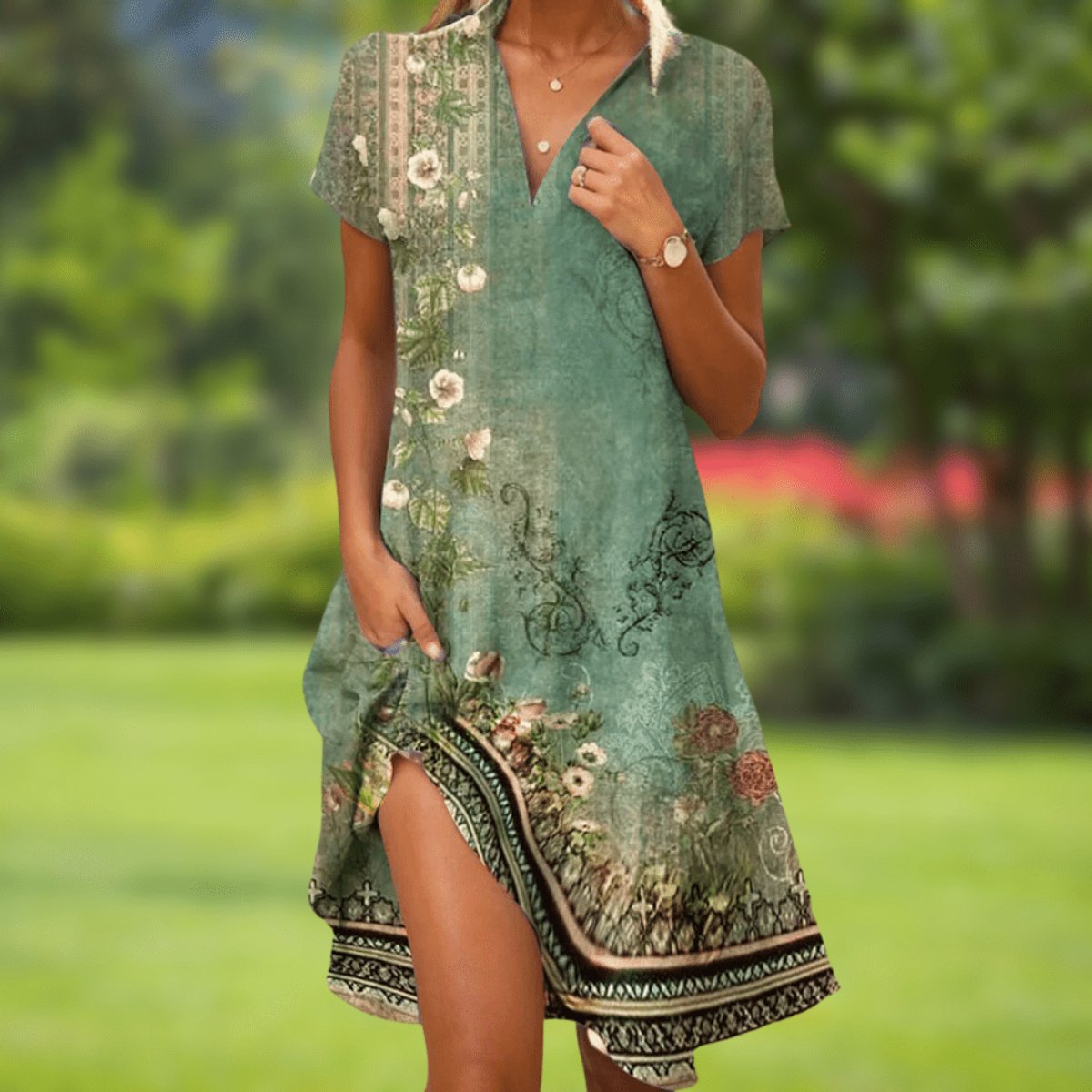 Marie Short-Sleeve V-Neck Boho Print Summer Dress