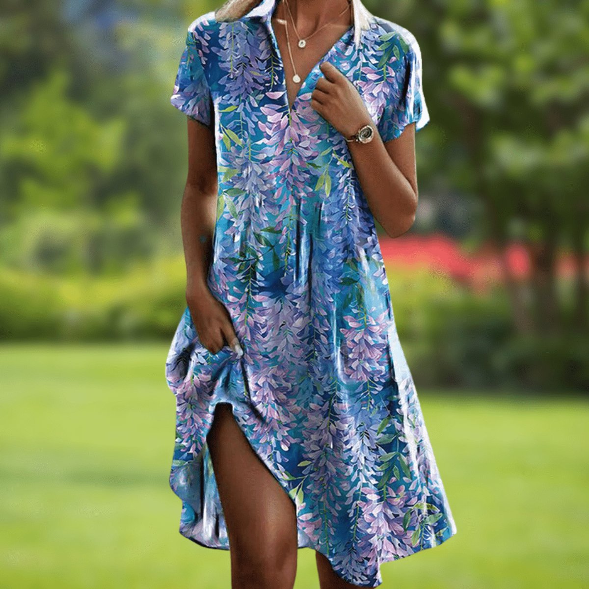 Marie Short-Sleeve V-Neck Boho Print Summer Dress