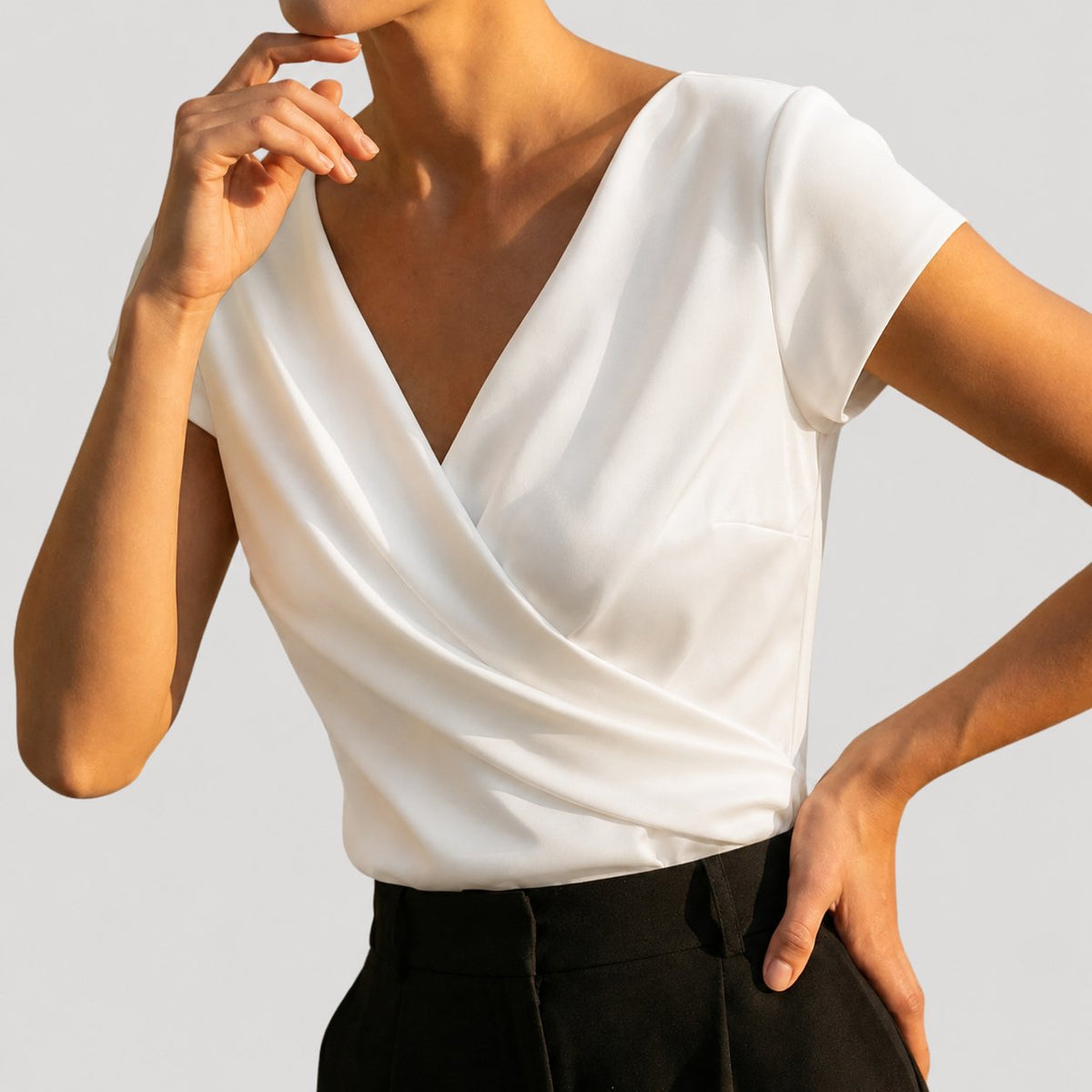 Nora Short-Sleeve Draped Wrap Blouse
