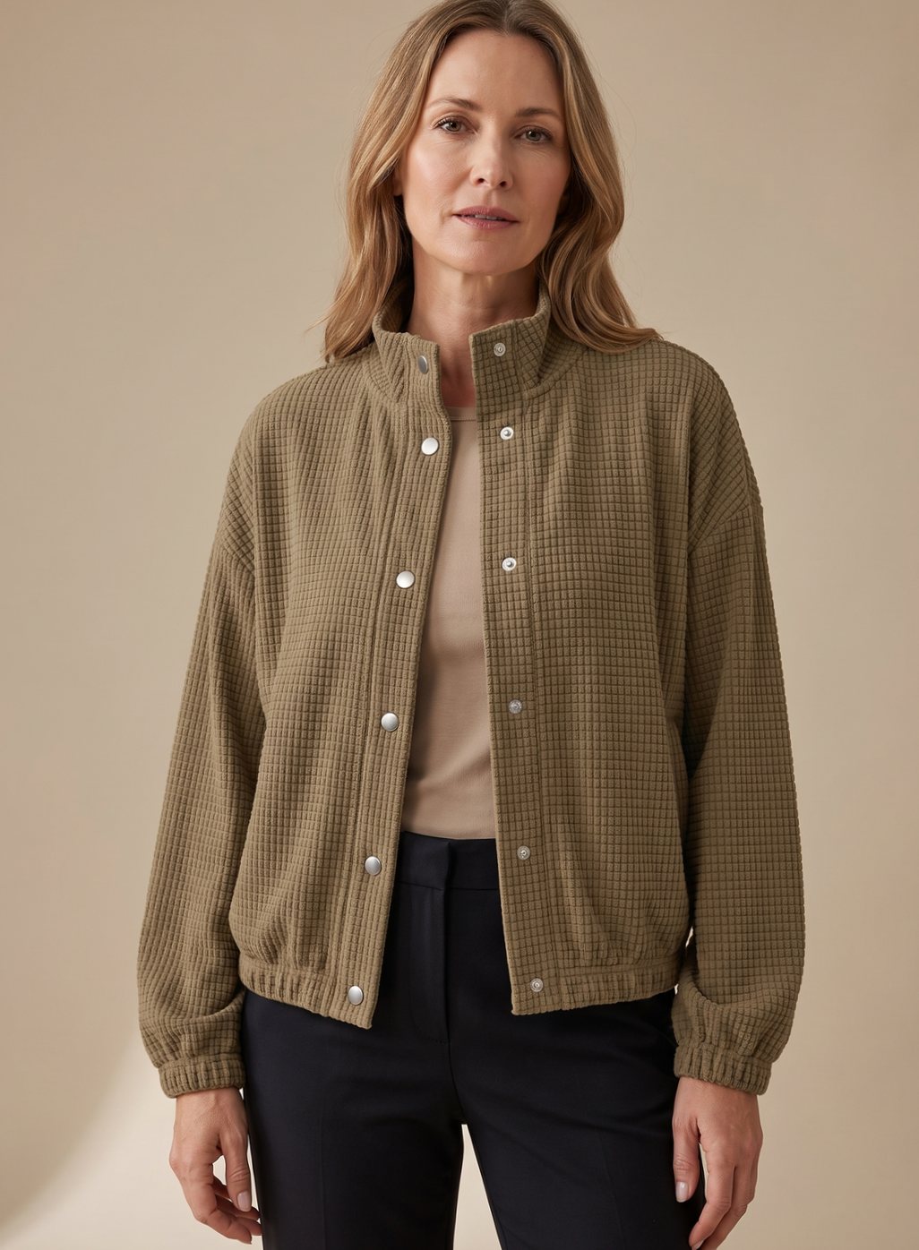 Leonie Short Waffle-Knit Stand Collar Snap-Front Jacket