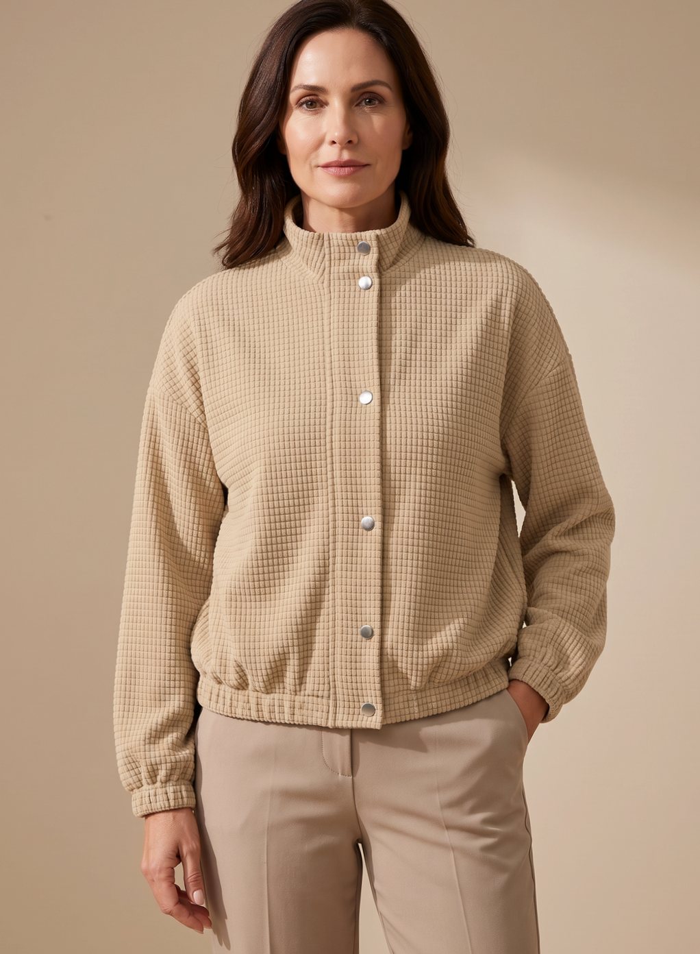 Leonie Short Waffle-Knit Stand Collar Snap-Front Jacket