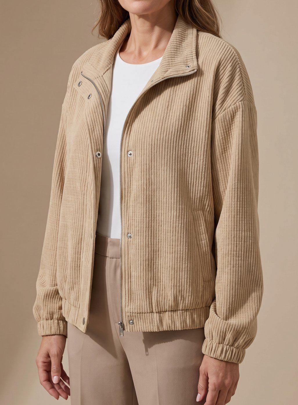 Leonie Short Waffle-Knit Stand Collar Snap-Front Jacket