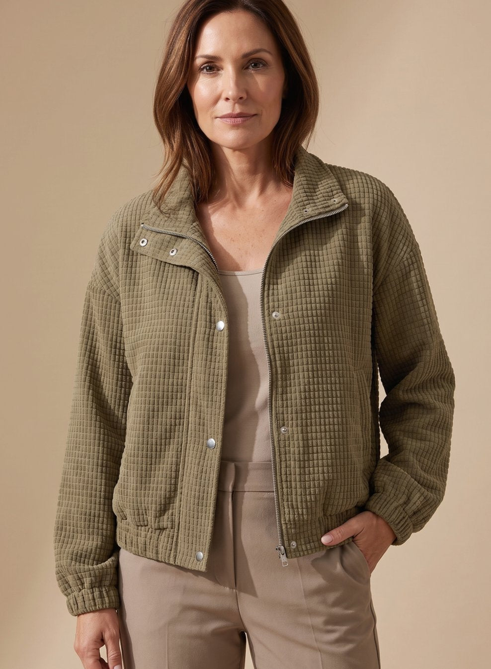 Leonie Short Waffle-Knit Stand Collar Snap-Front Jacket