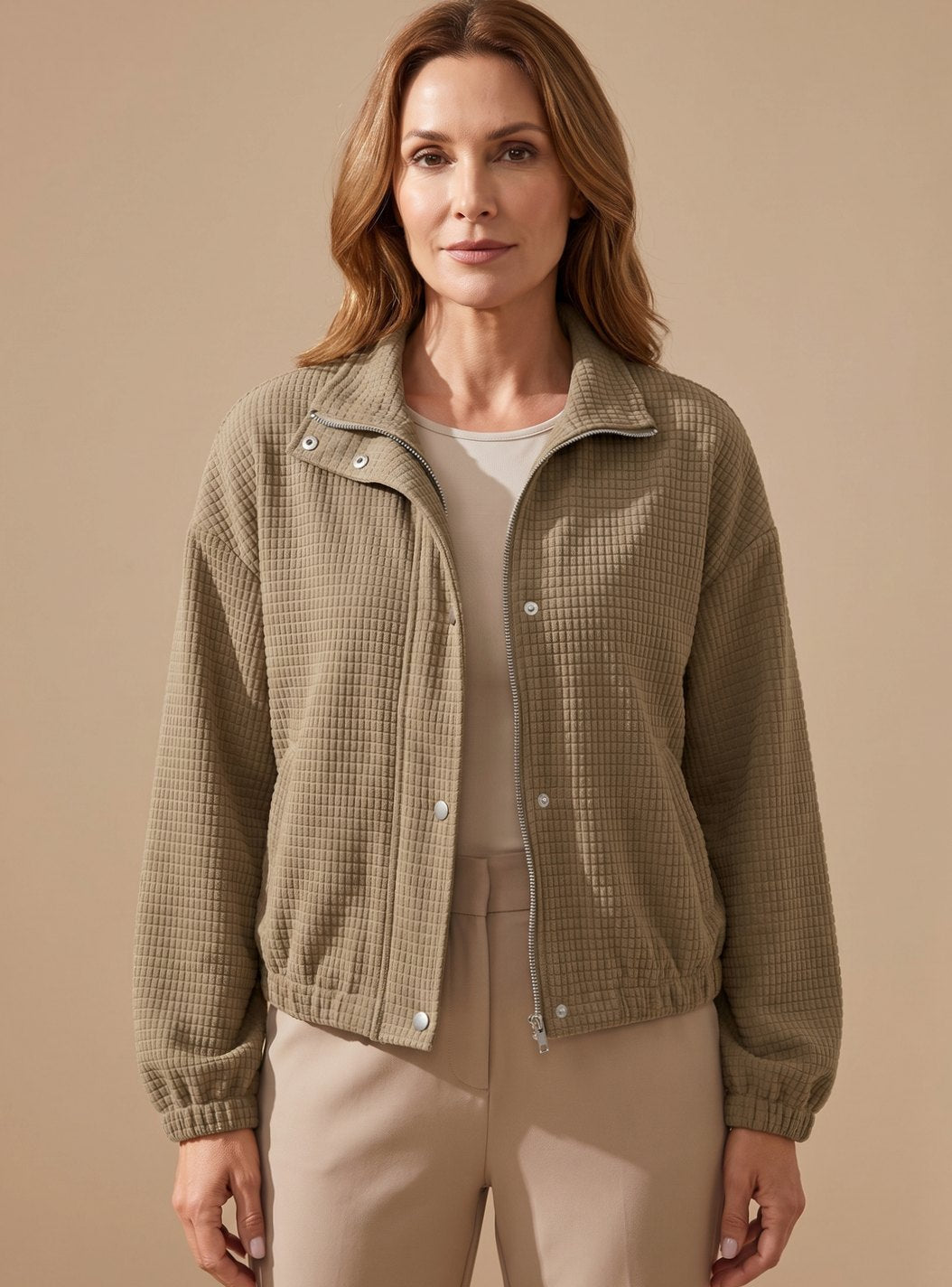 Leonie Short Waffle-Knit Stand Collar Snap-Front Jacket