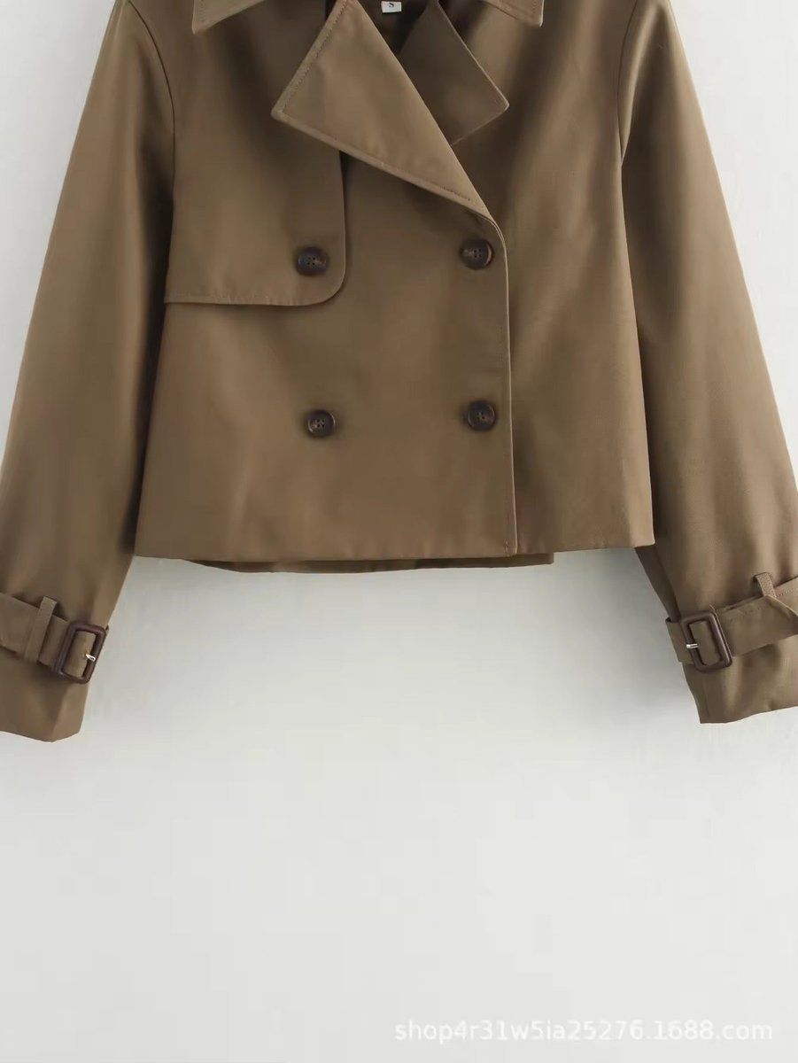Charlotte Cropped Double-Breasted Trench Coat with Buckle Cuffs