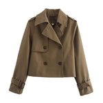 Charlotte Cropped Double-Breasted Trench Coat with Buckle Cuffs