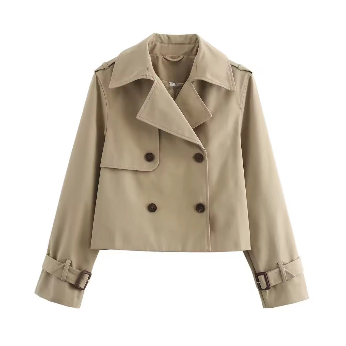 Charlotte Cropped Double-Breasted Trench Coat with Buckle Cuffs