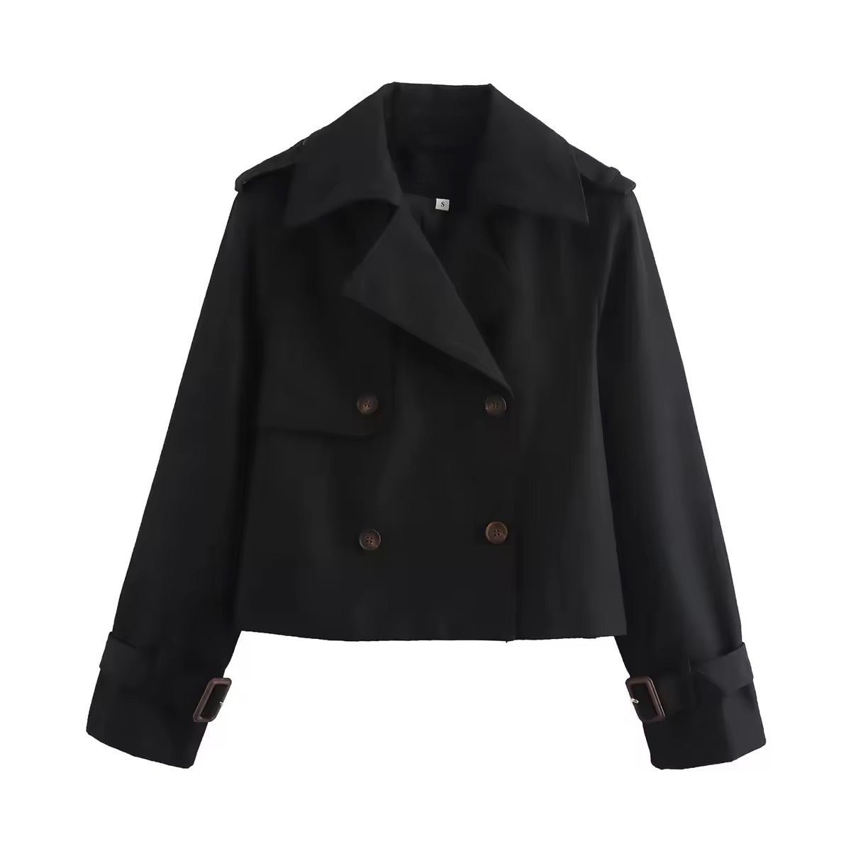 Charlotte Cropped Double-Breasted Trench Coat with Buckle Cuffs